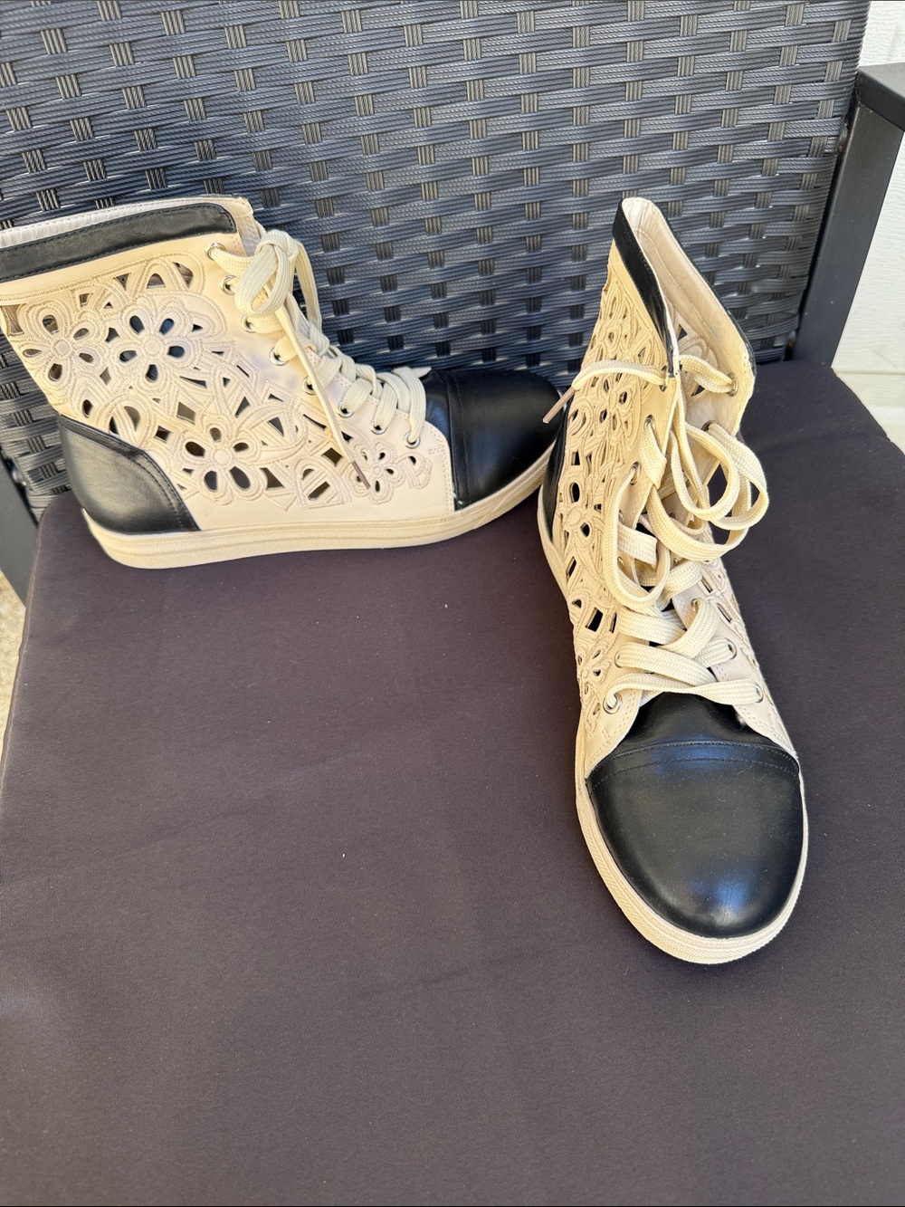Beige and Black Floral Cutout High-Top Sneakers